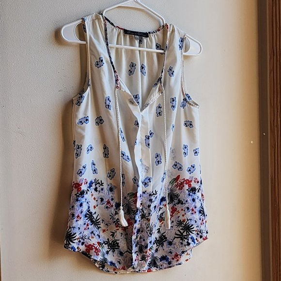 Rose & Olive White/Navy/Red Floral Sleeveless Blouse Size Small - Picture 3 of 12